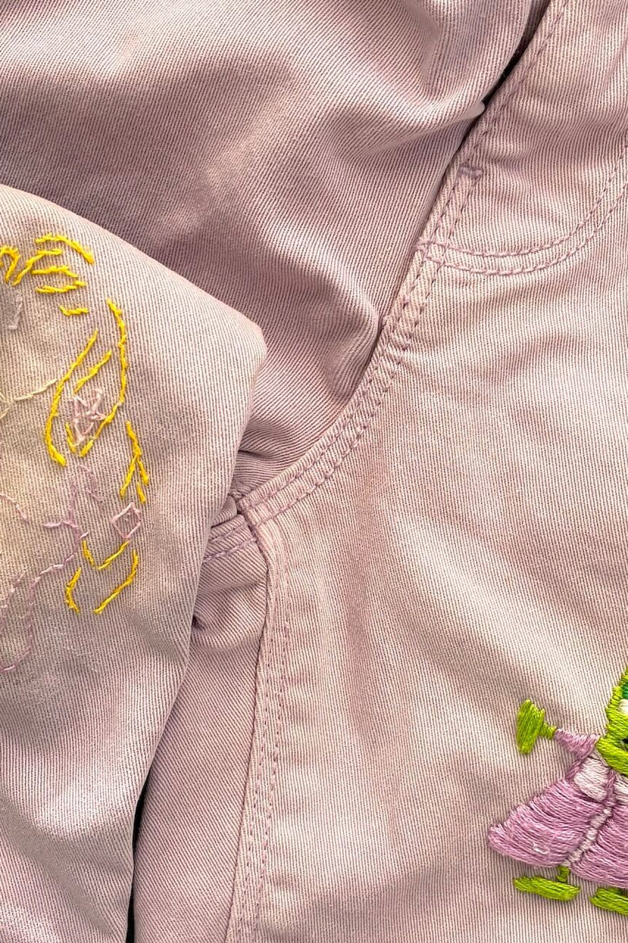 Raiponce et Pascal brodés sur un pantalon pour petite fille de couleur mauve